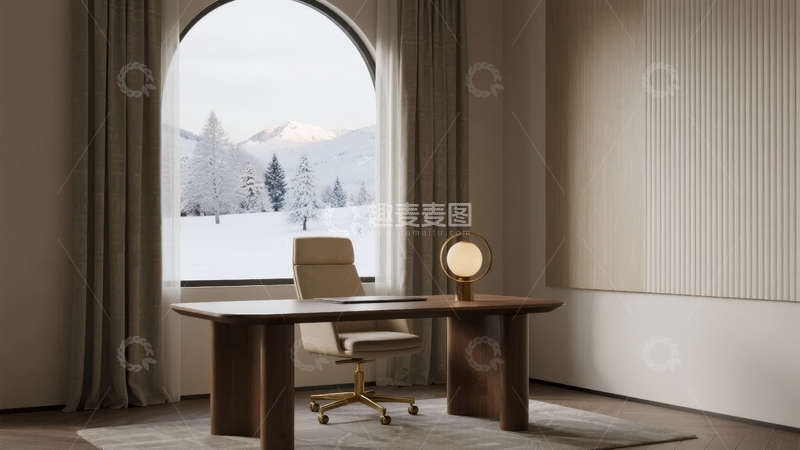 高清大图下载【趣麦麦图】现代简约书房内景窗外雪山景观
