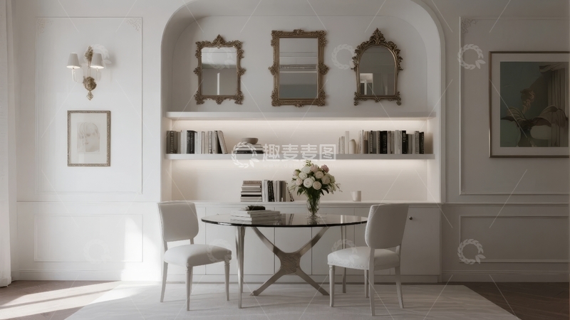 高清大图下载【趣麦麦图】现代简约风格客厅摆放着装饰镜与书架
