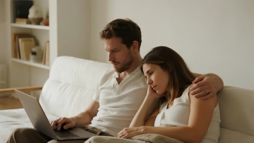 情侣沙发上使用笔记本电脑亲密互动