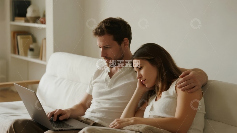 高清大图下载【趣麦麦图】情侣沙发上使用笔记本电脑亲密互动