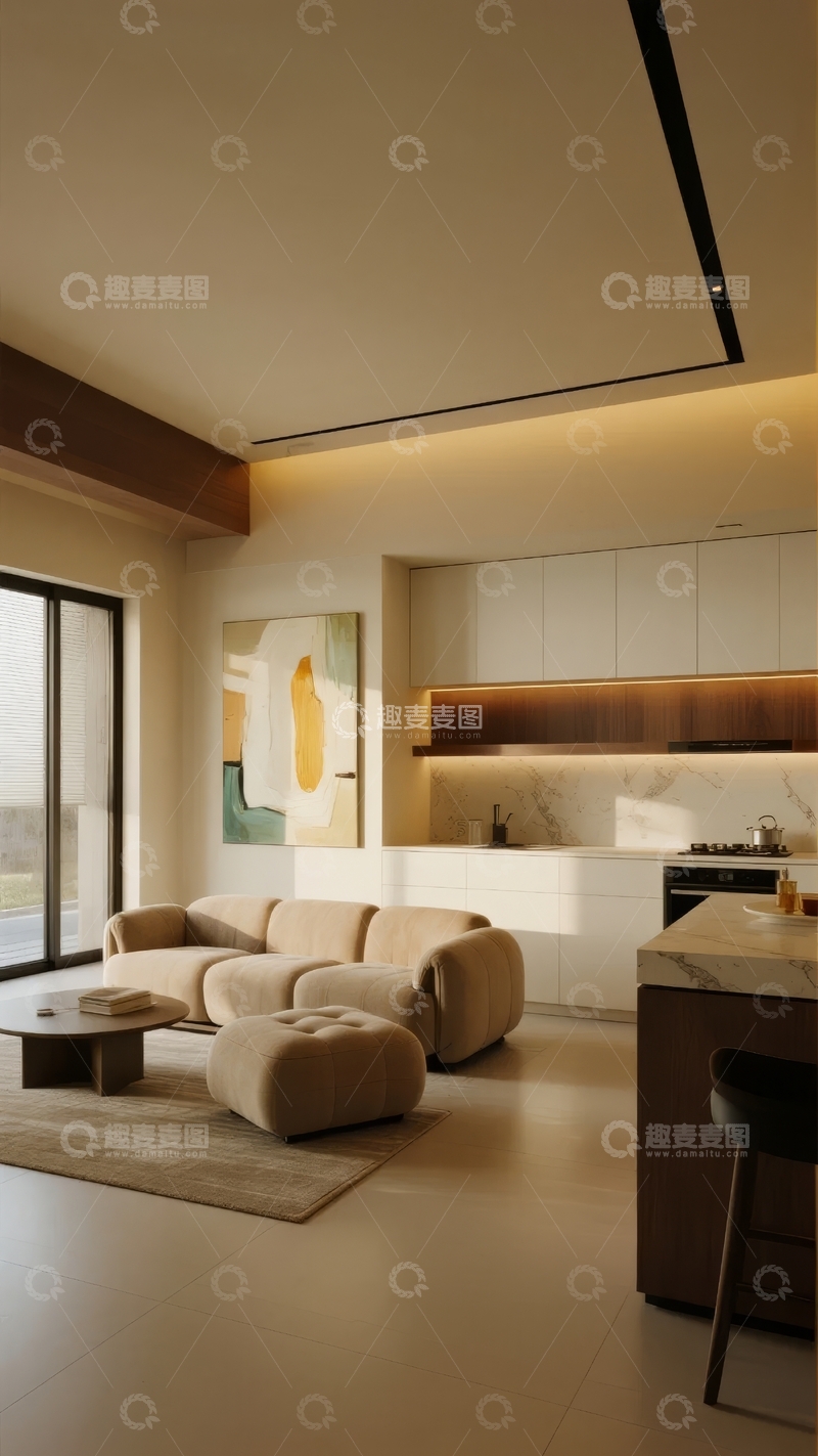 高清大图下载【趣麦麦图】现代简约风格客厅与开放式厨房的室内设计