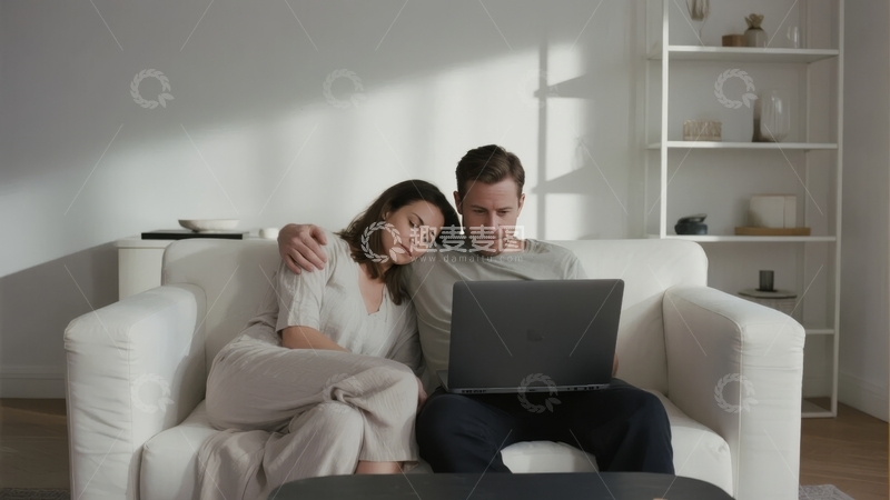 高清大图下载【趣麦麦图】一对情侣在客厅沙发上使用笔记本电脑亲密依偎