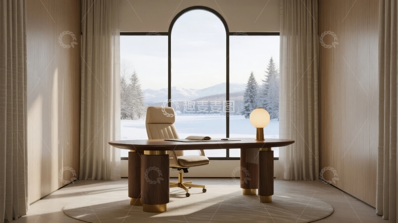 高清大图下载【趣麦麦图】现代书房内临窗而坐欣赏雪山美景