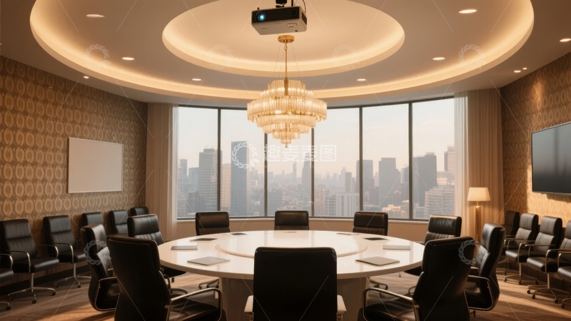 高清大图下载【趣麦麦图】豪华会议室配备圆形吊灯和城市景观视野