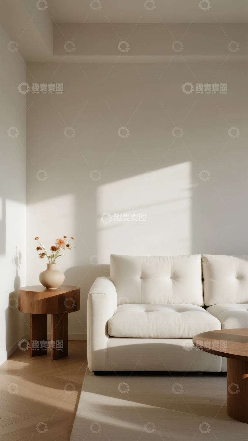 高清大图下载【趣麦麦图】简约现代客厅中阳光洒在米色沙发上的温馨场景