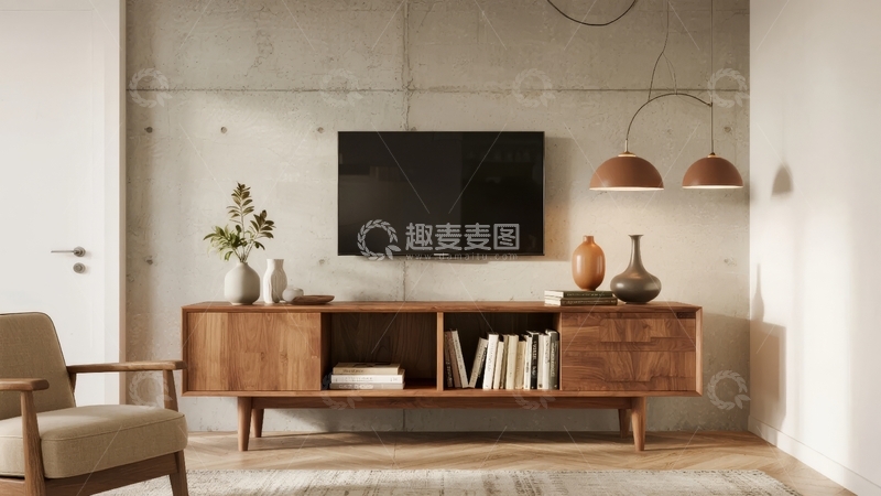高清大图下载【趣麦麦图】现代简约风格客厅电视柜与装饰摆件