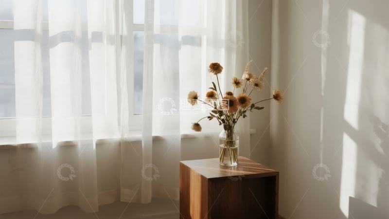 高清大图下载【趣麦麦图】窗边木质桌上摆放着插有干花的透明花瓶