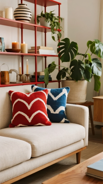 红色书架旁的沙发配以几何图案抱枕和绿植装饰