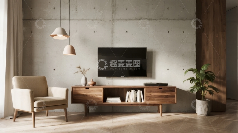 高清大图下载【趣麦麦图】现代简约客厅电视墙设计搭配舒适扶手椅