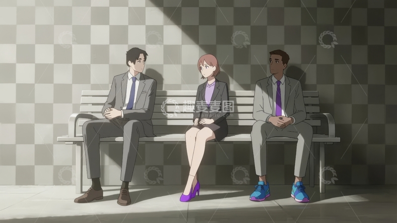 高清大图下载【趣麦麦图】三名商务人士坐在长椅上场景
