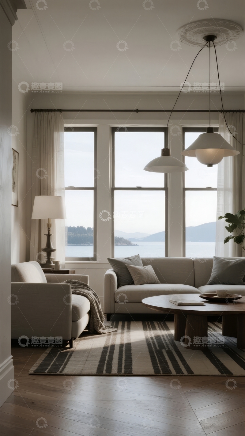 高清大图下载【趣麦麦图】现代简约客厅窗外海景一览无余