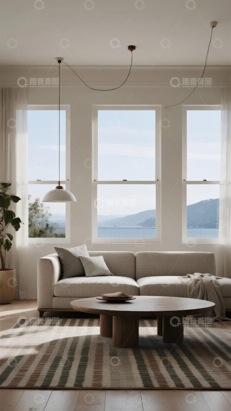 高清大图下载【趣麦麦图】现代简约客厅窗外海景落地窗设计