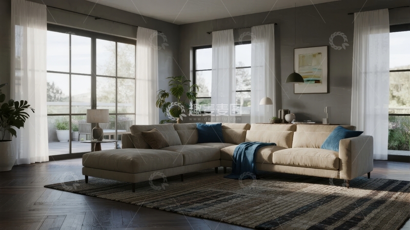 高清大图下载【趣麦麦图】现代客厅设计宽敞明亮配有大型落地窗和舒适沙发