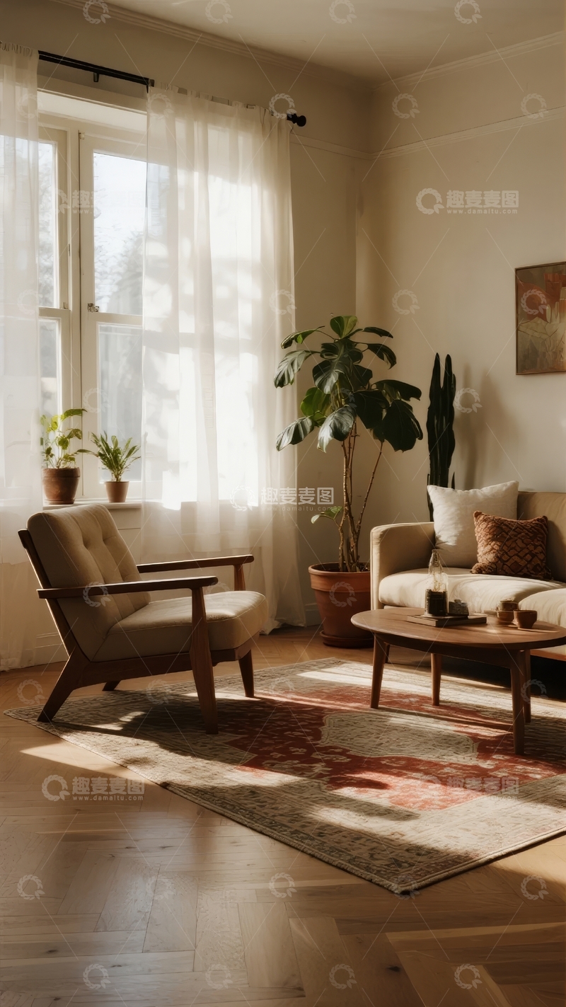 高清大图下载【趣麦麦图】明亮客厅内摆放着沙发、扶手椅和多盆绿植