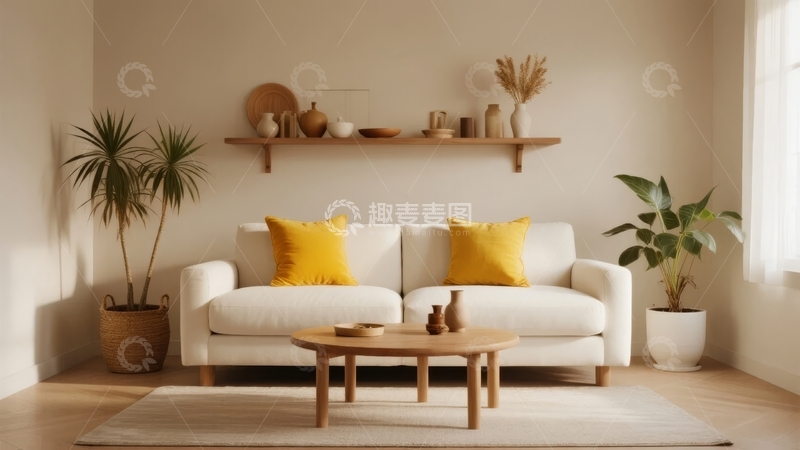高清大图下载【趣麦麦图】明亮温馨的室内客厅摆放着白色沙发和绿植