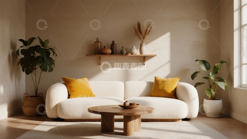 高清大图下载【趣麦麦图】明亮客厅内摆放着白色沙发和木质茶几