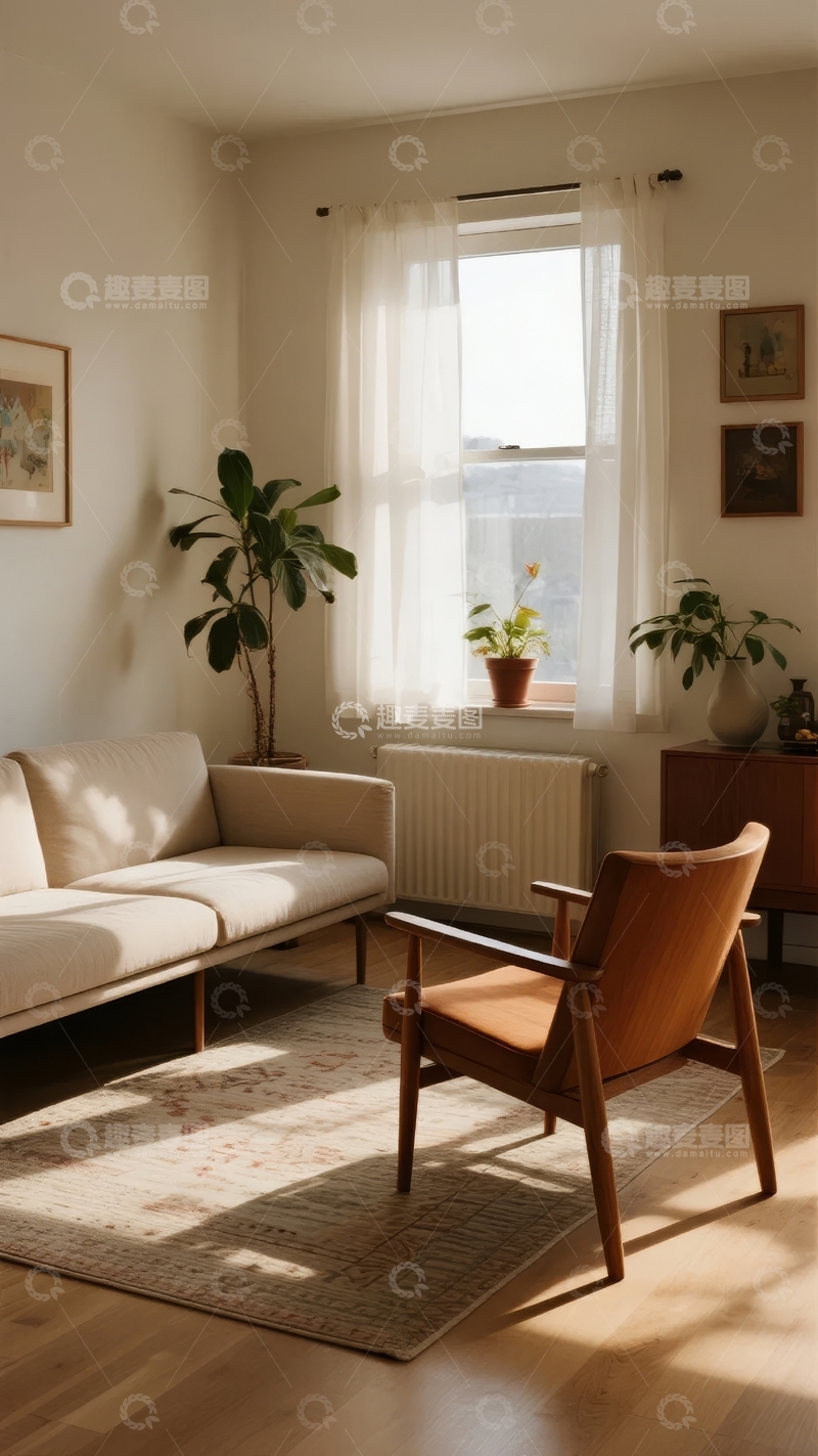 高清大图下载【趣麦麦图】温馨客厅一角摆放着沙发和椅子窗边有绿植
