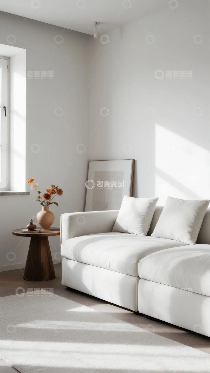 高清大图下载【趣麦麦图】简约现代客厅一角阳光洒落沙发旁