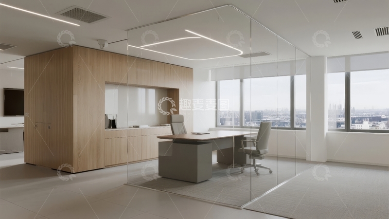 高清大图下载【趣麦麦图】现代办公室内景宽敞明亮配有办公桌椅和大面积窗户
