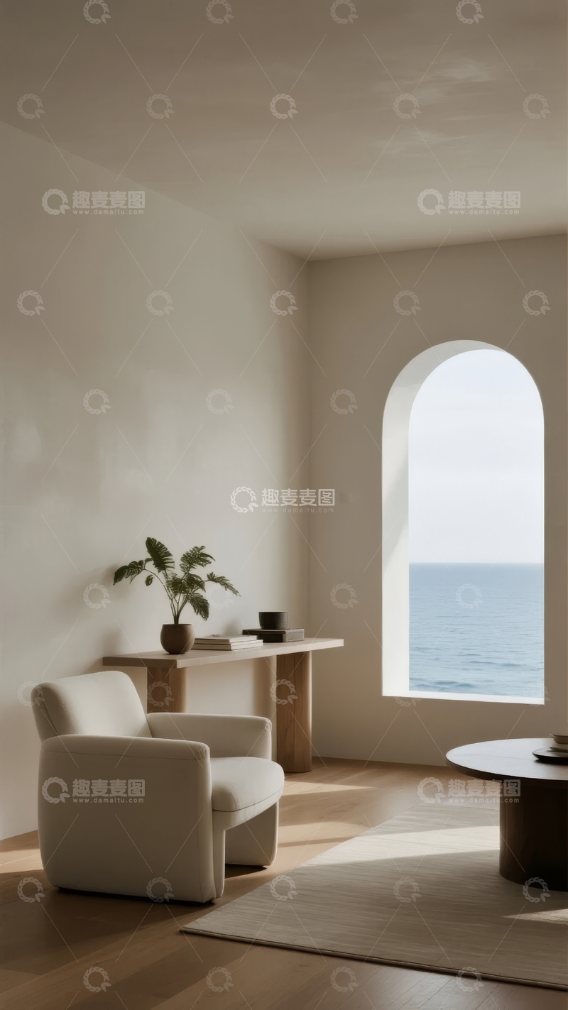 高清大图下载【趣麦麦图】简约现代室内空间临窗摆放沙发与茶几