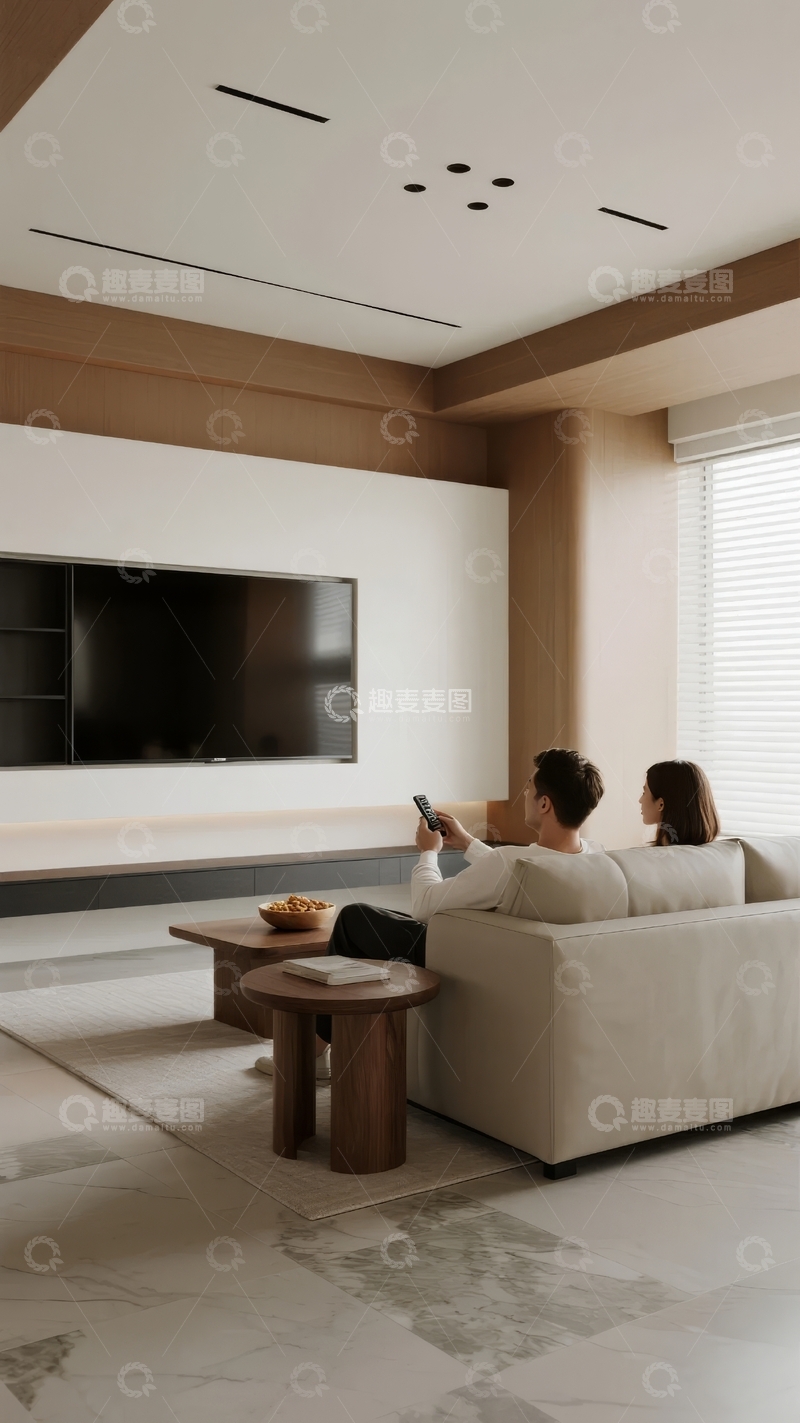 高清大图下载【趣麦麦图】现代客厅中两人坐在沙发上观看电视