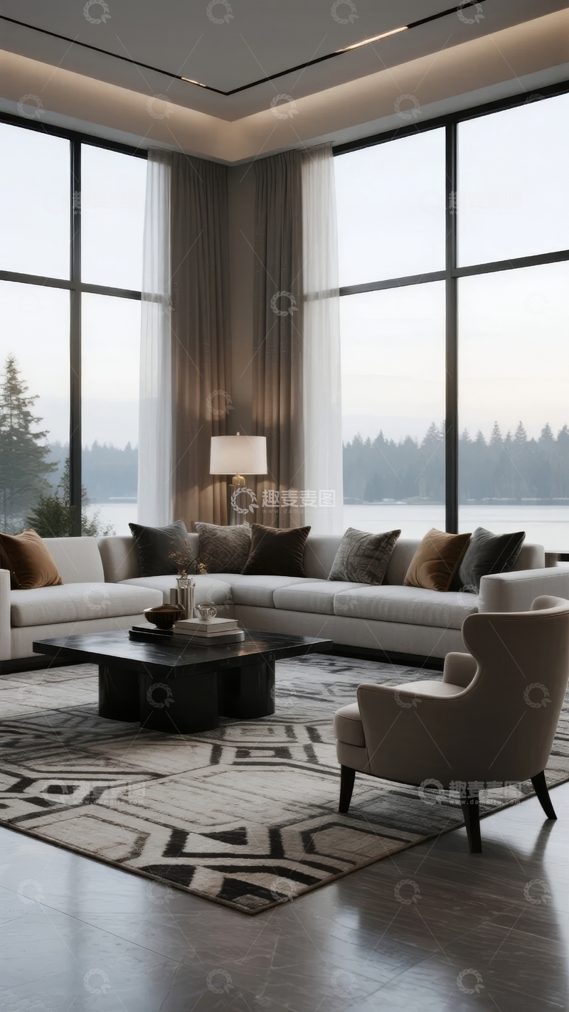 高清大图下载【趣麦麦图】现代客厅大窗户景观沙发茶几设计