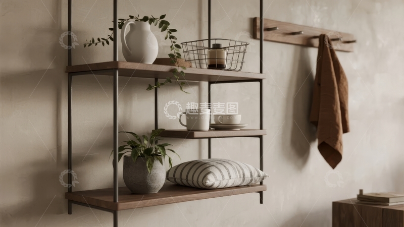 高清大图下载【趣麦麦图】简约风格室内置物架摆放绿植与家居用品