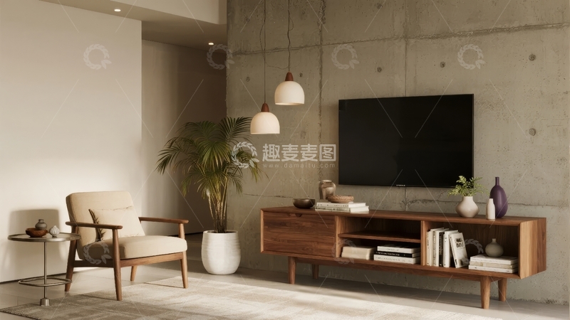 高清大图下载【趣麦麦图】现代简约客厅电视墙设计搭配舒适座椅与绿植装饰