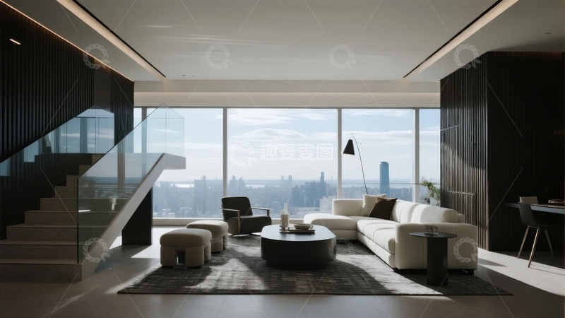高清大图下载【趣麦麦图】现代豪华客厅全景落地窗景观