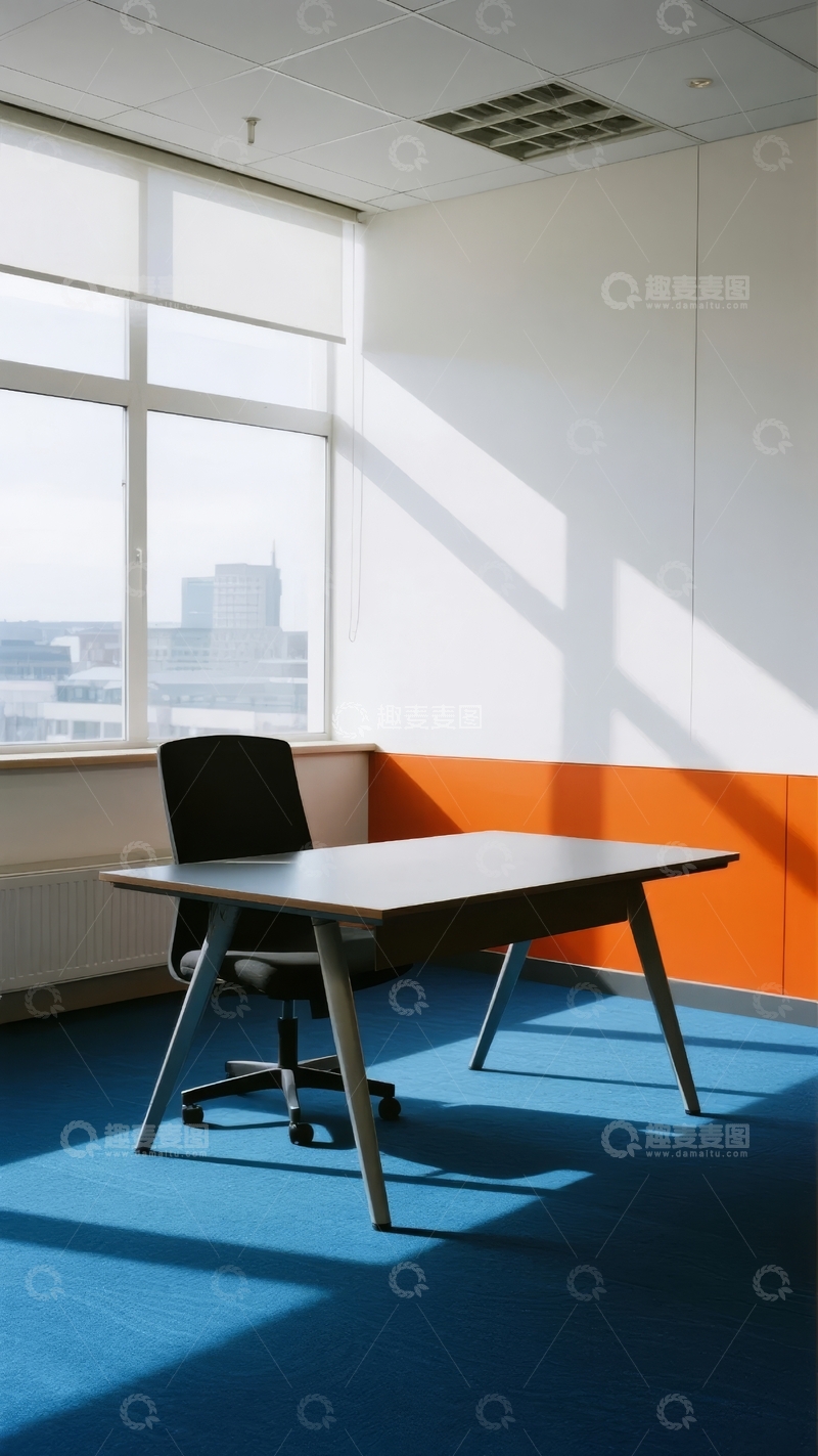 高清大图下载【趣麦麦图】明亮办公室内空桌椅与城市景观