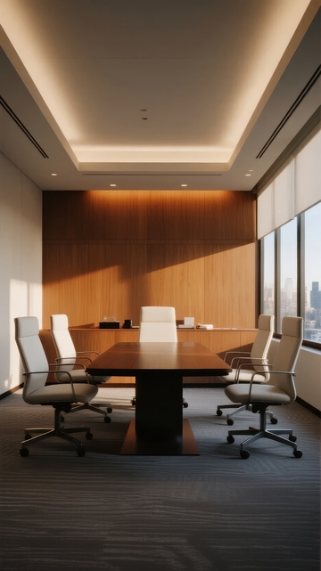 现代会议室配备木质墙面和大型窗户