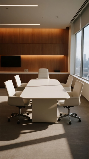 现代简约风格的会议室配备白色长桌和舒适座椅