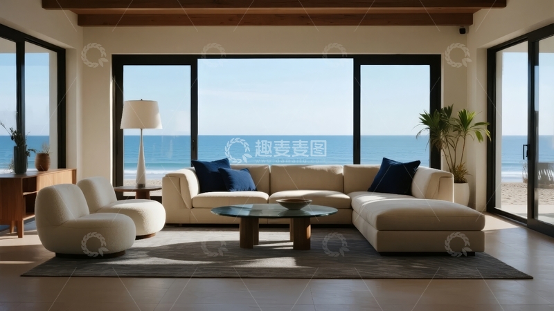 高清大图下载【趣麦麦图】现代客厅临海景观沙发茶几地毯