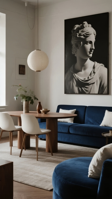 现代简约风格客厅摆放蓝色沙发与古典艺术画