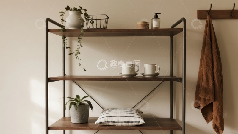 高清大图下载【趣麦麦图】简约风格金属置物架摆放着杯子盆栽和毛巾