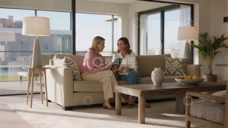 高清大图下载【趣麦麦图】两位女性在现代客厅沙发上使用平板电脑交谈