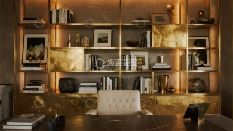 高清大图下载【趣麦麦图】现代书房内书架陈列整齐办公桌椅摆放有序