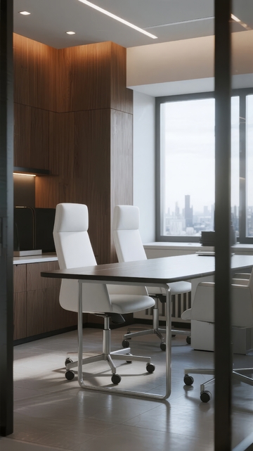 现代办公室内景配备白色高背椅和大窗户