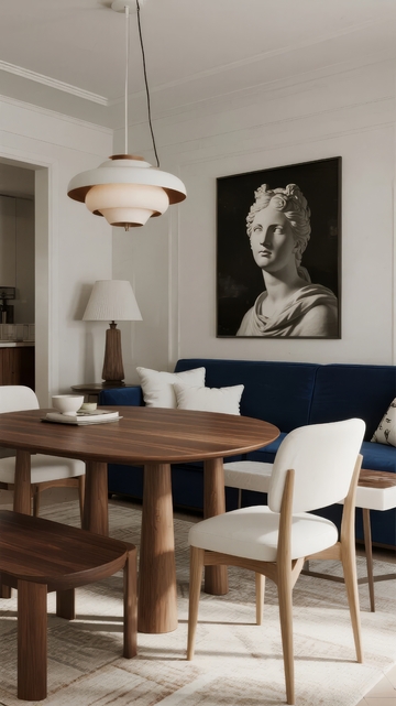 现代简约风格客厅布置配有深蓝色沙发和古典艺术画