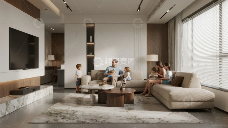 高清大图下载【趣麦麦图】现代客厅中一家五口温馨共处