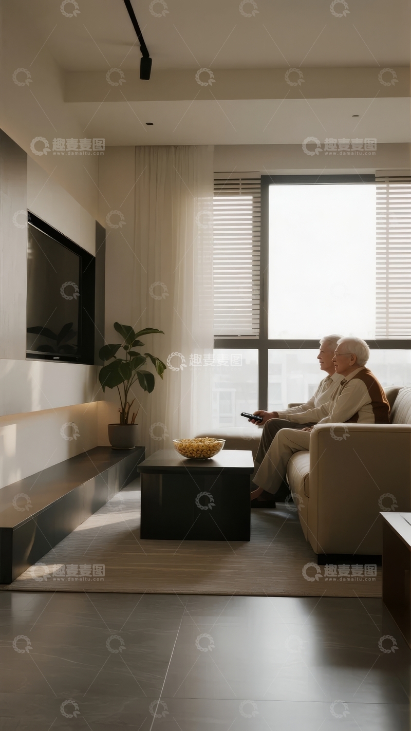 高清大图下载【趣麦麦图】一对老年夫妇在现代简约风格客厅里看电视