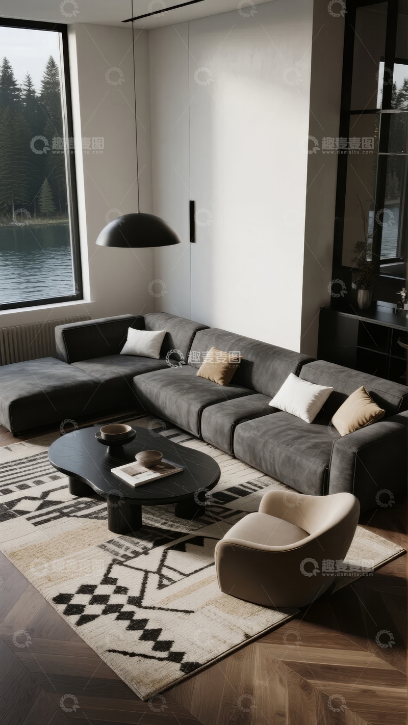 高清大图下载【趣麦麦图】现代简约客厅设计窗外湖景与木质地板