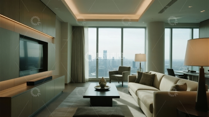 高清大图下载【趣麦麦图】现代客厅全景落地窗城市景观