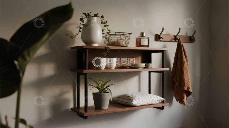 高清大图下载【趣麦麦图】墙挂式置物架摆放花瓶盆栽与日常用品