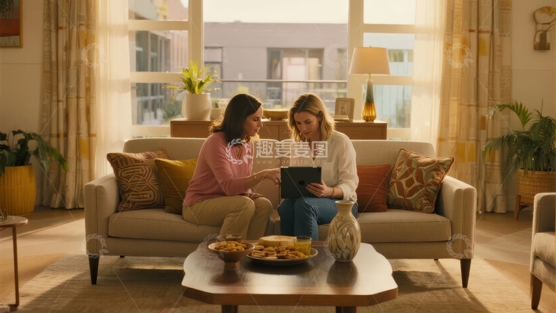 高清大图下载【趣麦麦图】两位女性在客厅沙发上使用平板电脑交流