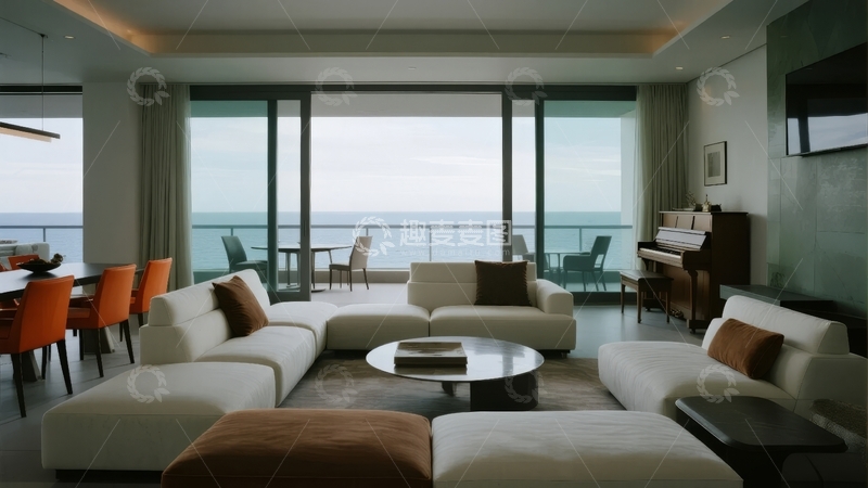 高清大图下载【趣麦麦图】现代客厅海景视野沙发茶几钢琴
