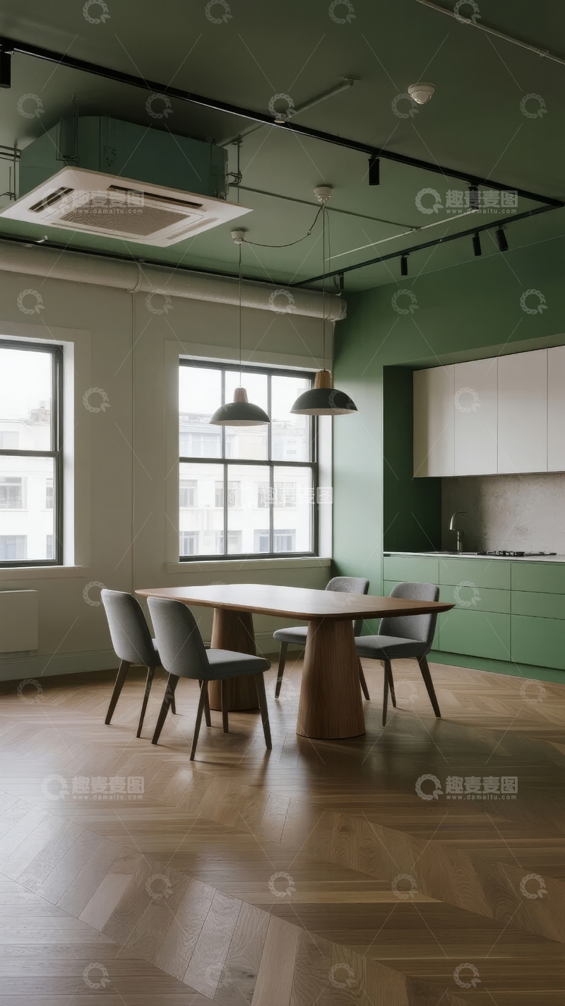 高清大图下载【趣麦麦图】现代简约风格的绿色厨房与用餐区