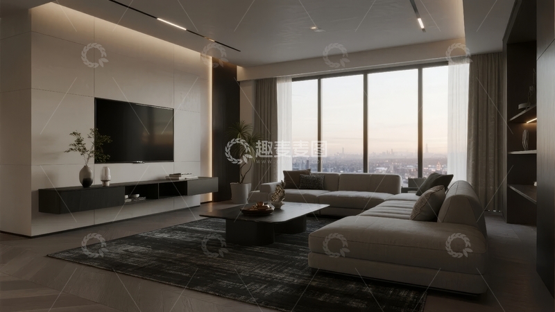 高清大图下载【趣麦麦图】现代简约风格客厅设计拥有宽敞落地窗和舒适沙发