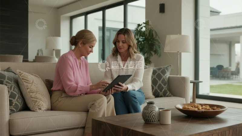 高清大图下载【趣麦麦图】两位女士在客厅沙发上使用平板电脑交流