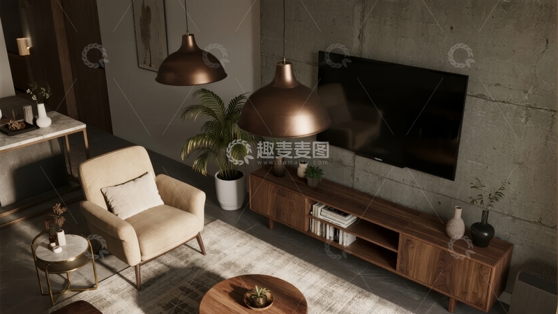 高清大图下载【趣麦麦图】现代简约风格客厅一角摆放着木质电视柜和舒适单人椅